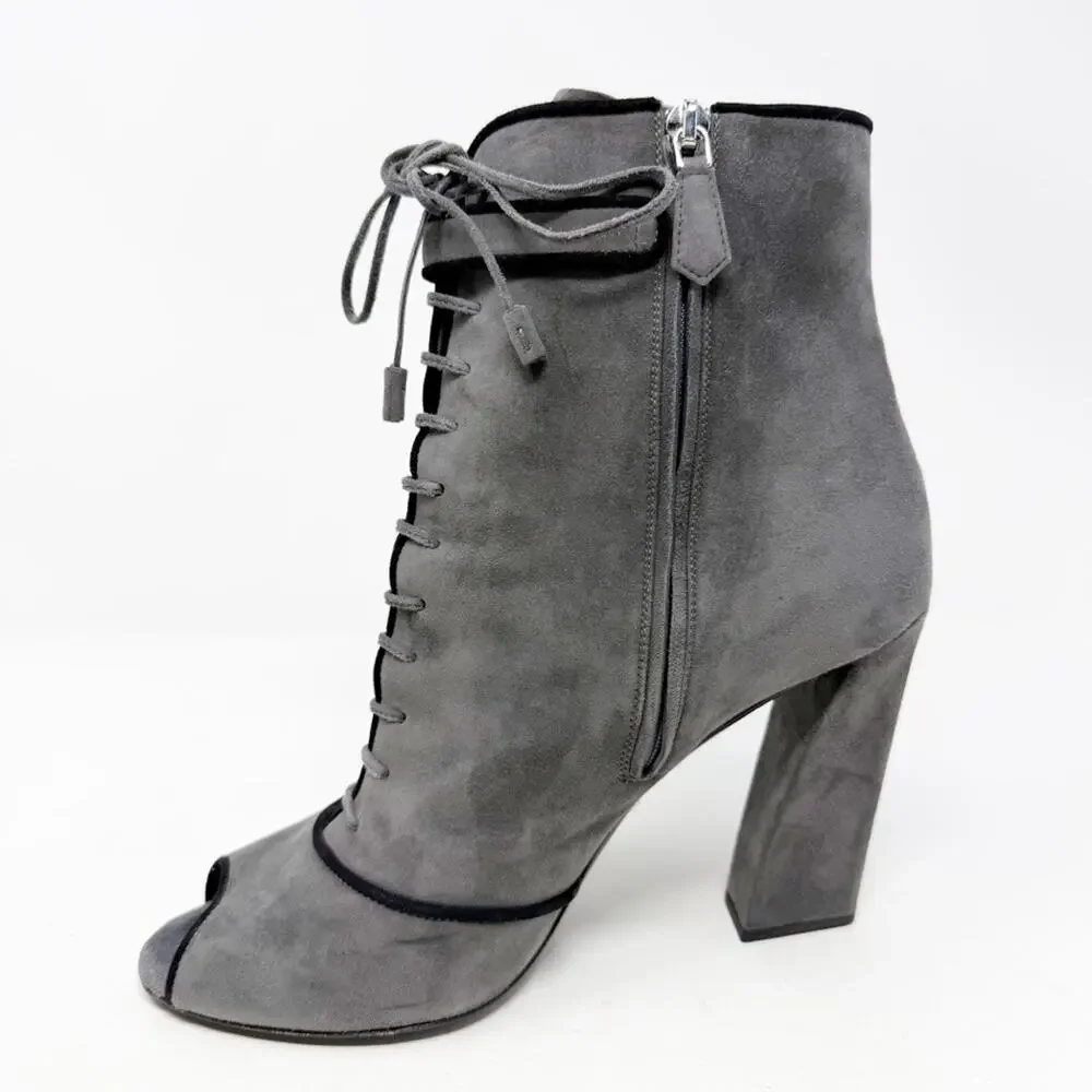 Prada Suede Peep Toe Lace Up Block Heel Boots Womens Size EU 40
